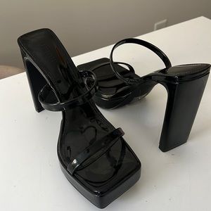 Strappy black platform mules